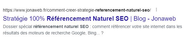 Résultat affichage recherche google article stratégie référencement naturel seo Jonaweb