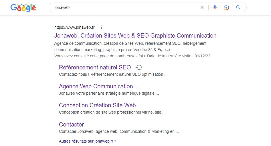 Résultat de recherche Jonaweb sur Google